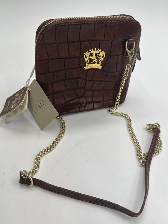 Pratesi Handbags - Pratesi Firenze Brown Croc Embossed Italian Leather Crossbody Bag Gold Chain NEW